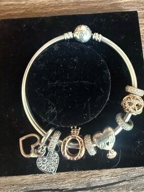 Pandora Silver and Rose Gold Charm Bangle with Heart and Crown Charms